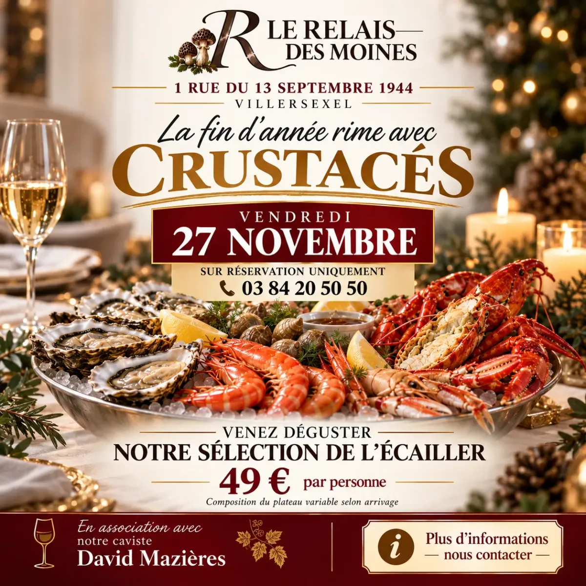 Affiche de la soirée crustacés du 27 novembre 2026 au Relais des Moines à Villersexel